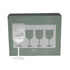 A ribbed glass wine glass in a clear finish next to a decorative green box featuring four wine glass illustrations.