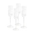 Four clear glass champagne flutes with a ribbed design, featuring tall stems and a polished finish.