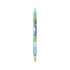 A green and clear plastic pen with a grip, featuring a branding logo.