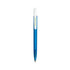 A blue plastic pen with a white cap and a logo on the clip.