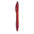 A red plastic pen with a clear barrel and a grip section, featuring a clip and a branding logo.