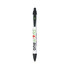 A plastic pen in white and black with a green accent, featuring a logo on its body.