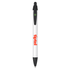 A plastic pen with a white barrel and black accents, featuring a logo on the side.