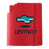 A red leatherette notebook cover with an elastic band and a logo on the front, featuring a blue design and text.