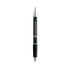 A metallic pen in black with silver accents and a logo on the barrel.