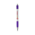 A white pen with a purple grip and silver accents, featuring a logo on the barrel.