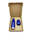 A drink bottle and a cup in a blue finish, both housed in a cardboard box, featuring a logo.