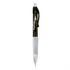 A plastic pen with a black body, white grip, and a clear click mechanism. It features a logo.