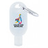 A frosted 30mL hand sanitiser bottle with a carabiner, featuring a logo and vibrant colours.