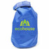 A blue dry bag with a fold-top closure and a logo featuring trees and a house.
