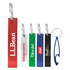 A set of variously coloured drink bottle openers in red, silver, green, black, and blue, each with a branding logo.