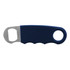 A drink bottle opener in navy blue with a stainless steel end and a textured grip. It features a logo.