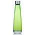 A drink bottle in a translucent green colour with a metallic silver cap and base, featuring a logo.