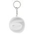 A white silicone straw neatly coiled inside a circular case, attached to a metal keychain for convenience.