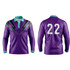 A long sleeve polo shirt in purple with a turquoise collar and a logo featuring lightning stripes, plus the number 22 on the back.