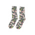Floral-patterned soccer socks in grey with pink and green accents. Features a logo.