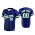 A navy blue baseball jersey with green accents, featuring a logo and customizable name and number sections.
