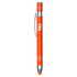 An orange metal pen with a silver clip, featuring branding and a sleek design.