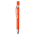 An orange metal pen with a silver clip and a rubber grip. The pen features a logo on its body.