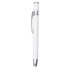 A metal pen in white with silver accents, featuring a clip and a sleek design. It has a branding logo.