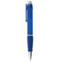 A blue plastic pen with a grip section and a clip, featuring a silver tip. Includes a logo on the barrel.