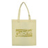 A cream shopping tote bag with a gold logo design and two shoulder straps.