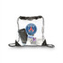 A transparent drawstring bag with black accents contains a phone, toiletries, and other small items. Features a logo.