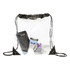 A clear drawstring bag with black accents containing a phone, sunscreen, and various miscellaneous items.