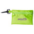 A bright green pouch with a zip closure, featuring a logo and a clip for attachment.