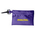 A purple pouch with a zip closure and a clip, featuring a branding logo in yellow.