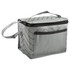 A grey lunch cooler bag with a zip closure and a side pocket, featuring a chevron pattern and carry handle.