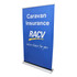 A blue roll-up banner featuring text and a logo, promoting Caravan Insurance with a sleek silver base.