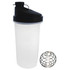 A drink bottle with a transparent body, black lid, and a stainless steel mixing ball. It has a logo on the side.