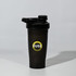 A drink bottle featuring a black opaque design and a secure lid, with a logo present on the side.