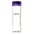 A drink bottle made from clear Tritan with a purple screw-on lid and a logo.