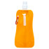 A drink bottle in bright orange with a spray nozzle and a carabiner attachment, featuring a logo.