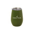 A drink cup in olive green with a stainless steel lid and a logo on the front.