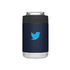 A drink cooler in navy blue with a silver bottom and a logo. Ideal for holding beverages.