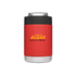 A red stubby cooler with a black top, featuring a logo in the centre. Suitable for holding drink cans.