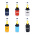 A set of six stubby coolers in navy blue, red, silver, orange, and black, featuring various designs and a logo on each.