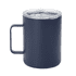 A drink bottle in dark navy with a clear lid and a sturdy handle, featuring a logo on the side.