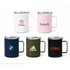 A collection of travel mugs in navy, olive green, black, pink, and white, each with a logo or branding.