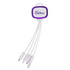 A 4-in-1 charging cable with a purple and white design, featuring multiple connectors and a logo.