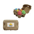 A carton containing brightly coloured chalk eggs in pastel shades, with a logo on the bottom side.
