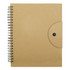 A kraft-coloured spiral-bound notebook with a circular button closure and a textured cover.