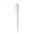 A white plastic pen with a sleek design and a clip, featuring a simple logo branding.