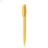A yellow plastic pen with a click mechanism and a branding logo at the top.