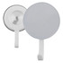 A round button badge in white, featuring a hook for attachment and a logo on the front.