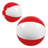 A beach ball featuring red and white panels, perfect for outdoor fun and games. Includes a logo.