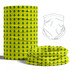 A yellow tubular bandana with green tree patterns, displayed in a stacked and laid-out position.